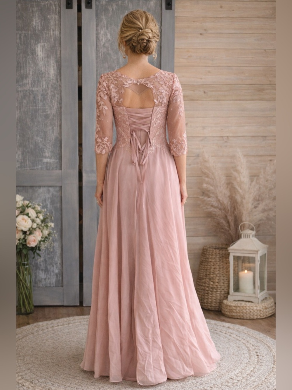 Dusty Rose Lace Mother of the Bride Gown | Formal Wedding Dress | Size S - Picture 2 of 9